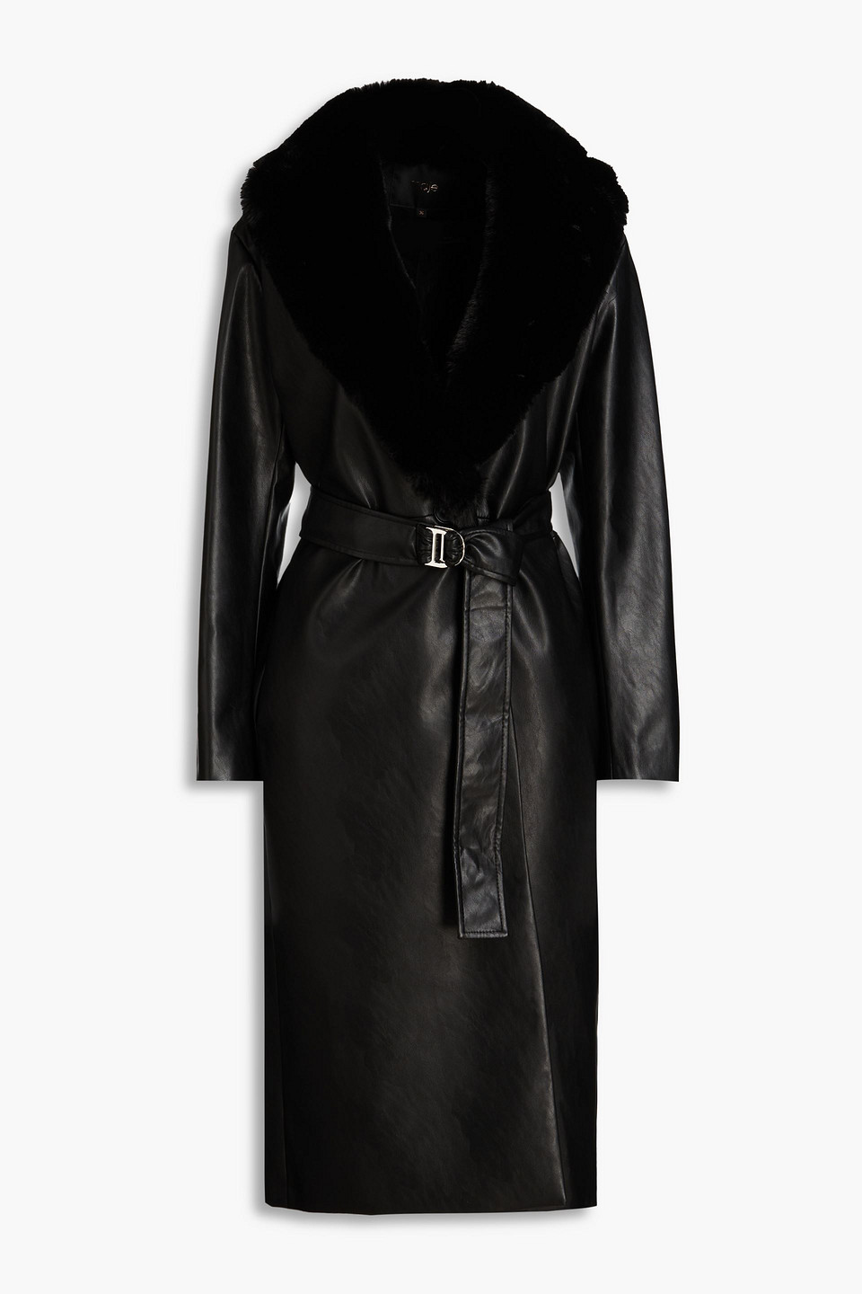 Maje Belted Faux Leather Coat In Black