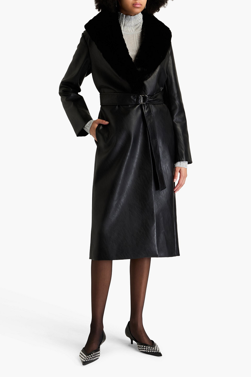 Maje Belted Faux Leather Coat In Black