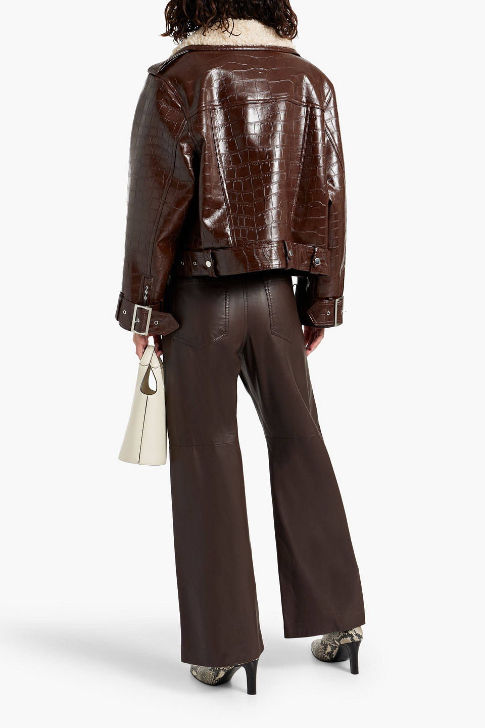 STAND STUDIO JOHANNA FAUX CROC-EFFECT LEATHER AND FAUX SHEARLING BIKER JACKET