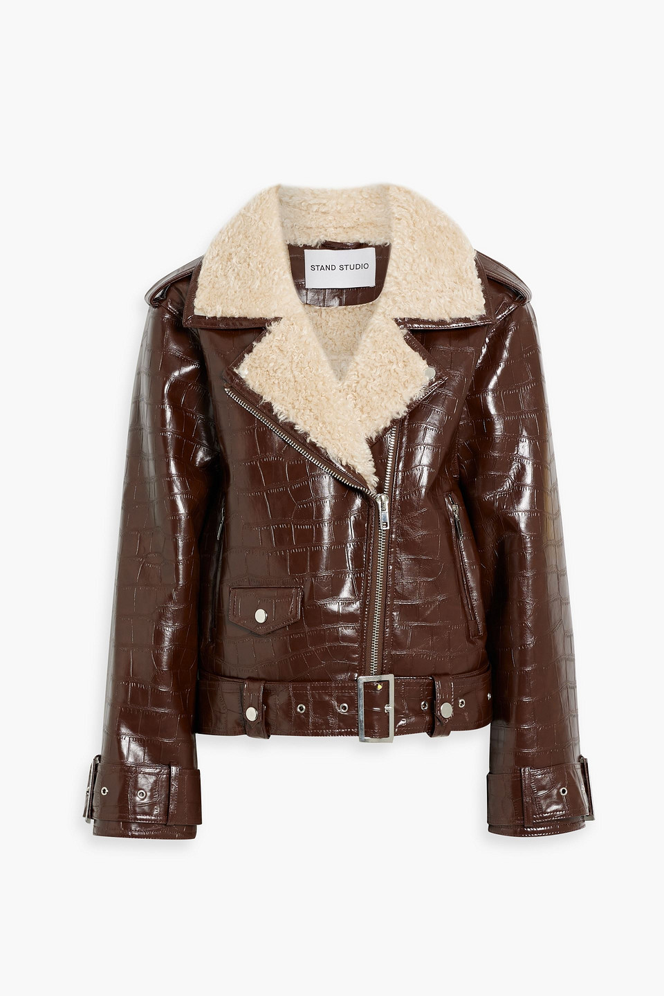 Stand Studio Johanna Faux Croc-effect Leather And Faux Shearling Biker Jacket In Chocolate
