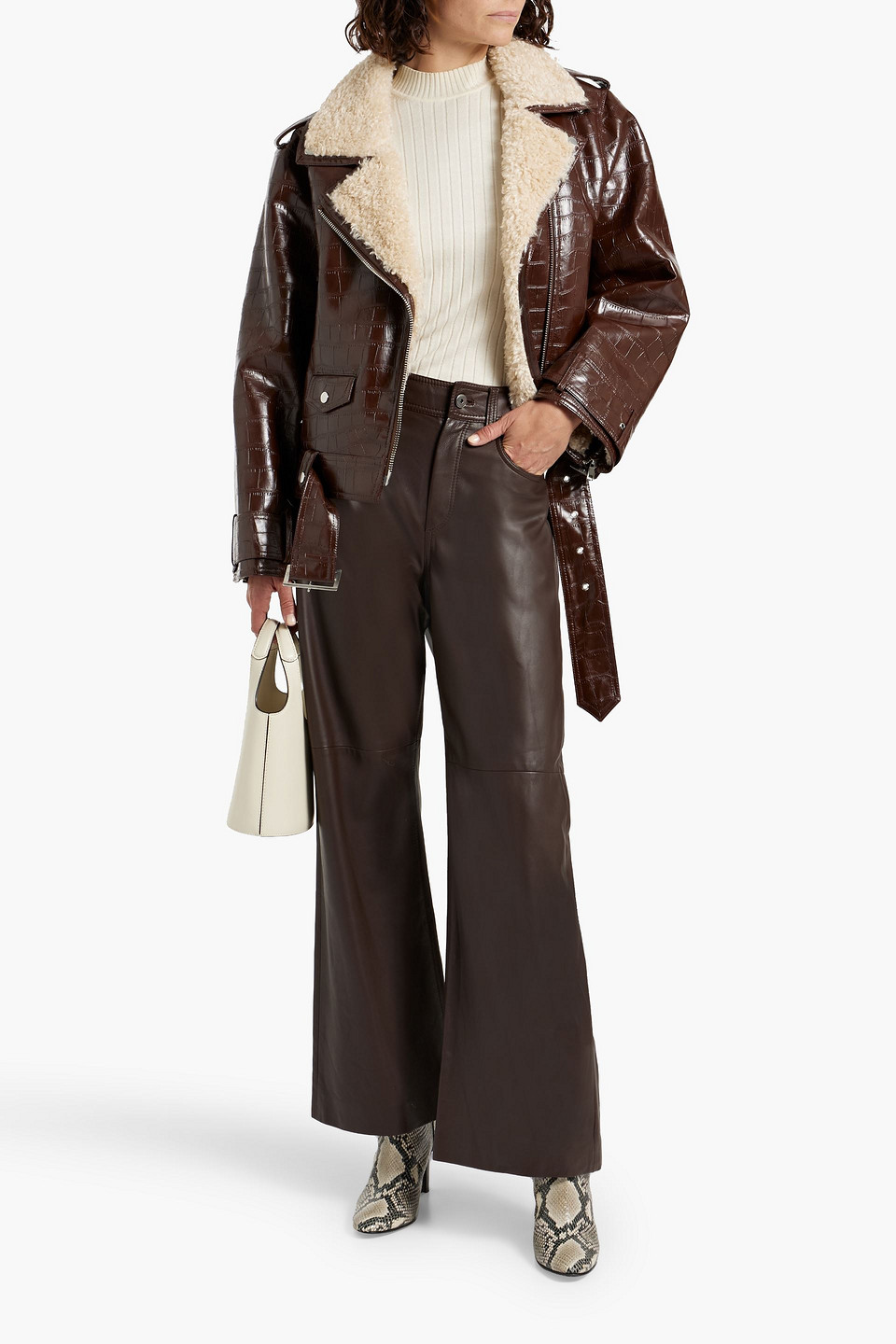 STAND STUDIO JOHANNA FAUX CROC-EFFECT LEATHER AND FAUX SHEARLING BIKER JACKET