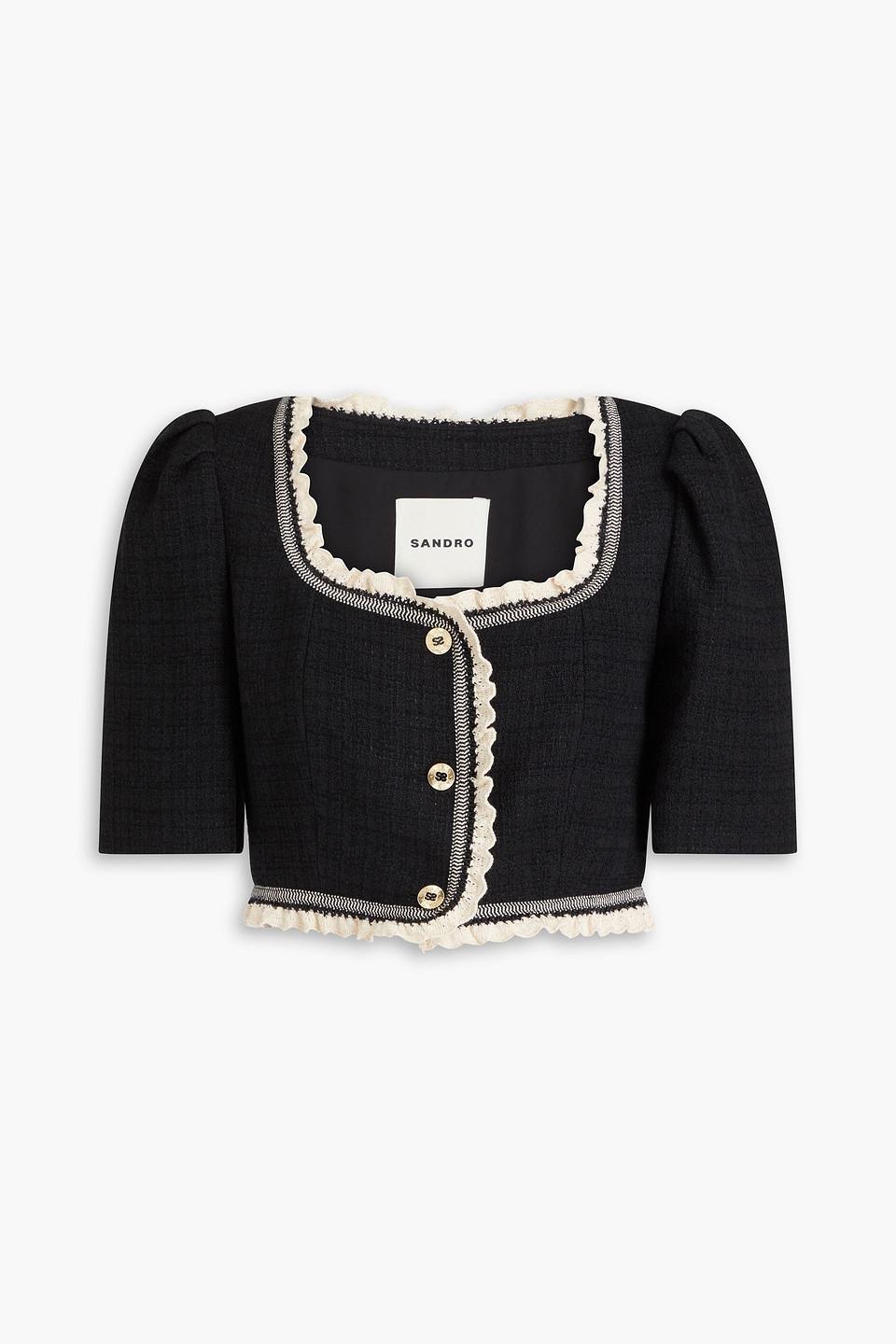 sandro - cropped ruffled tweed jacket - black - fr 42