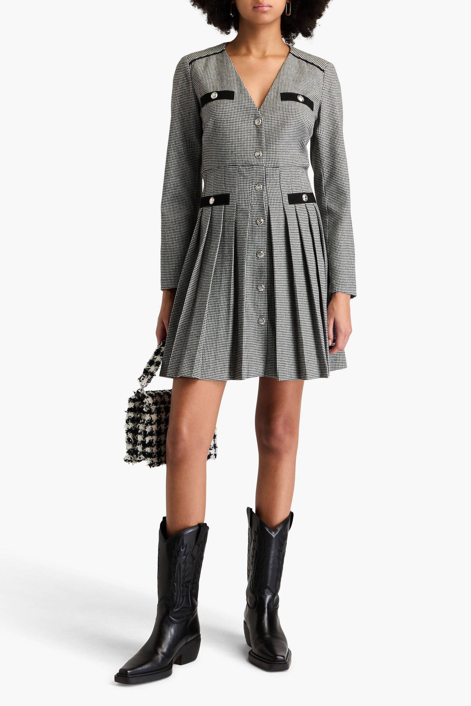 MAJE Pleated houndstooth jacquard mini dress