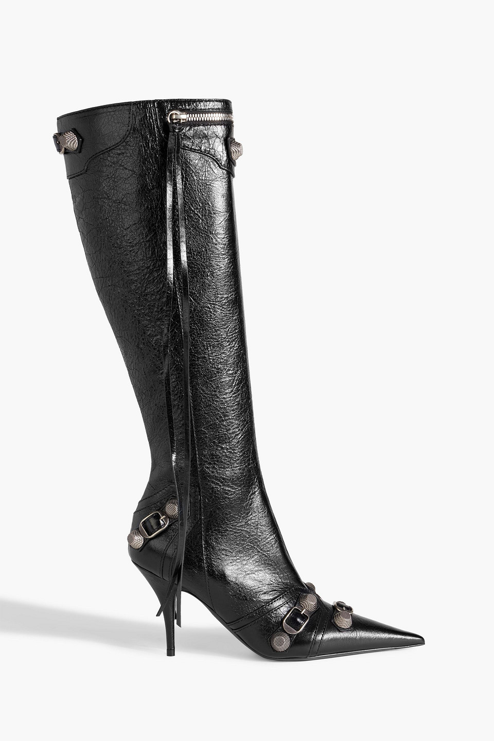 Balenciaga Cagole White Pointed High-boots With Studs And Buckles In Leather Woman In Black
