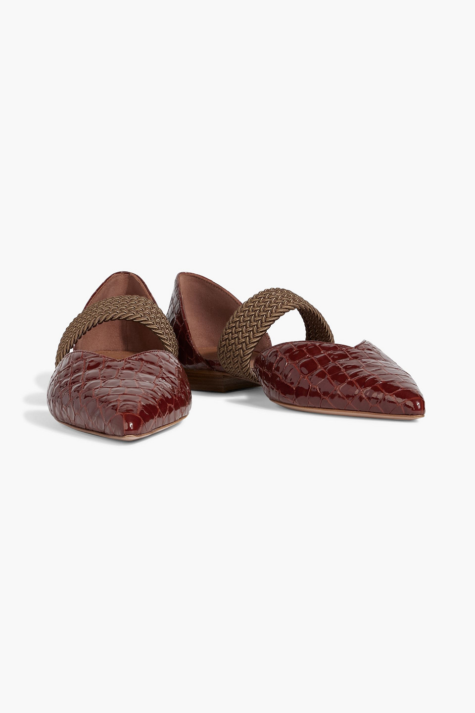 Malone Souliers Maisie Croc-effect Patent-leather Point-toe Flats In Brown