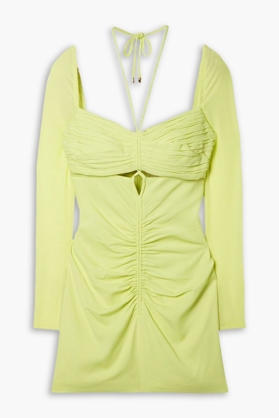 Self-portrait Cutout Ruched Stretch-crepe Mini Dress In Light Green