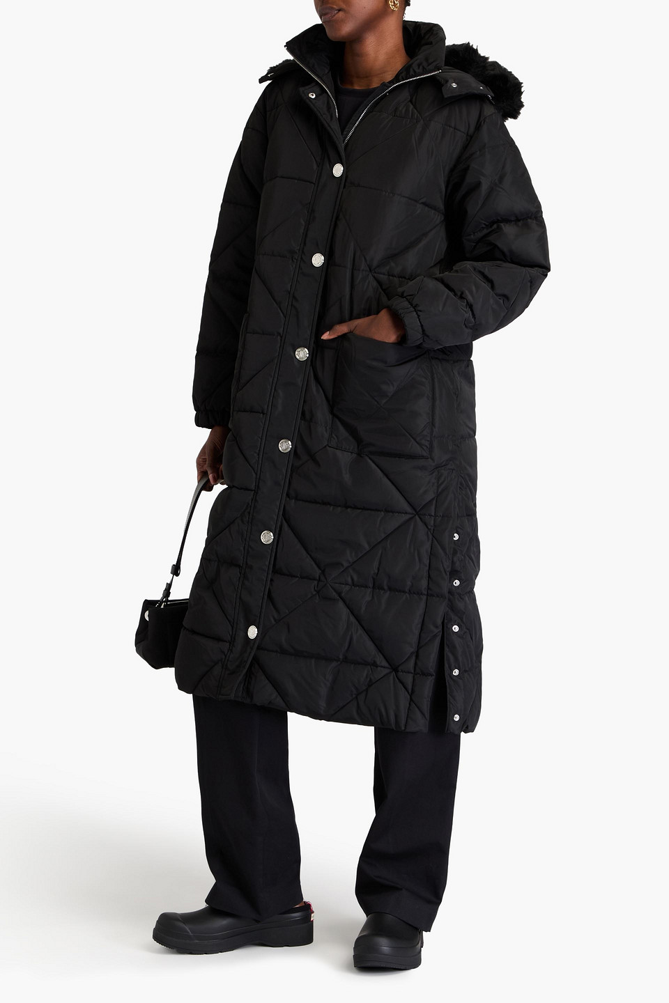Maje Quilted Shell Hooded Coat In Black
