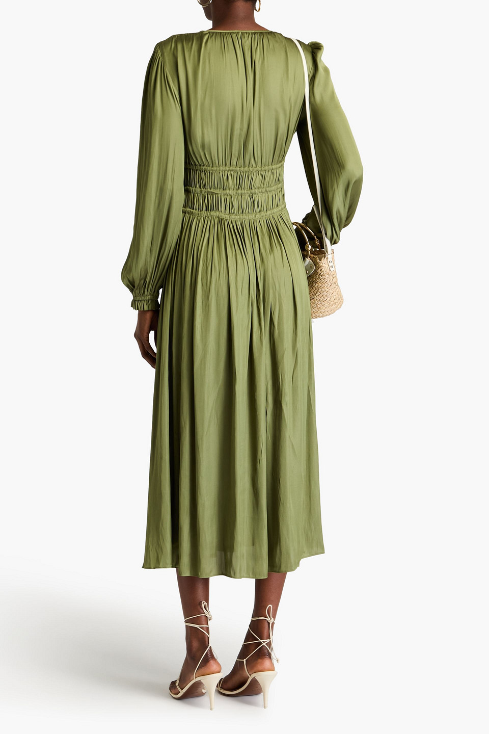 Maje Ruffled Satin Mini Dress In Army Green