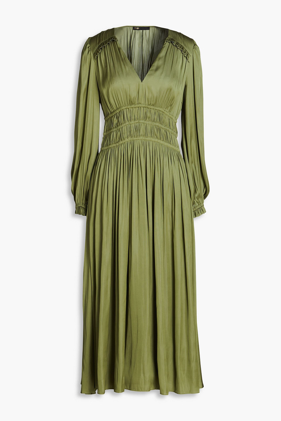Maje Ruffled Satin Mini Dress In Army Green
