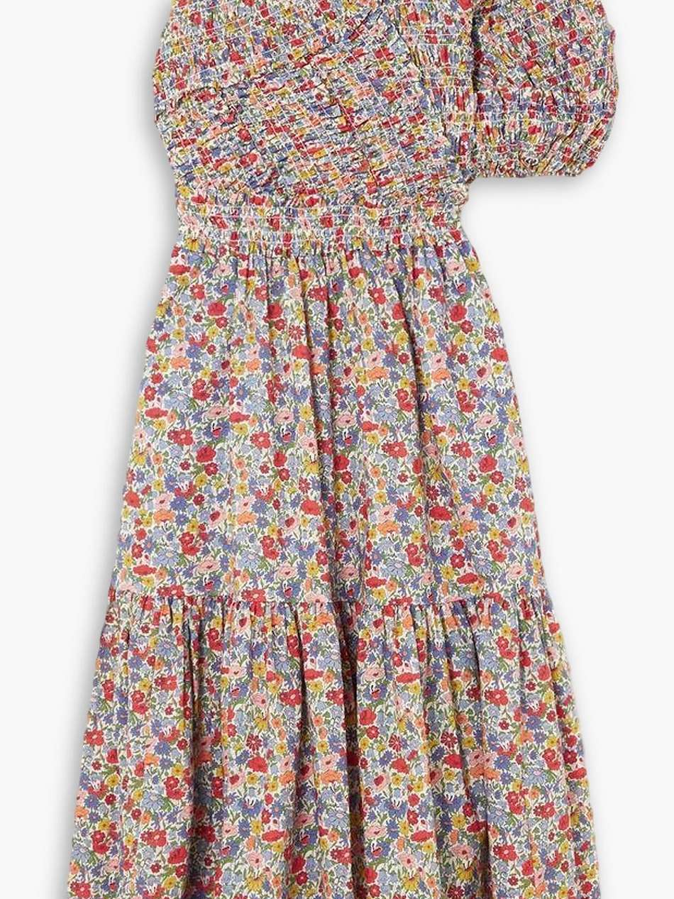 hanna one-sleeve smocked floral-print cotton-voile midi dress