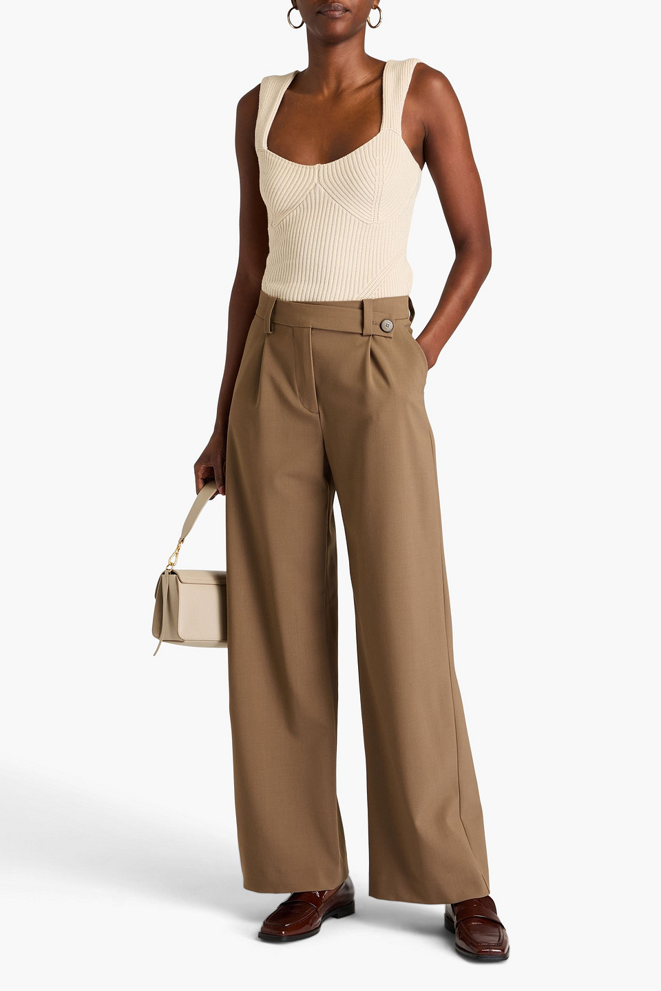 Maje Pleated Twill Wide-leg Pants In Taupe