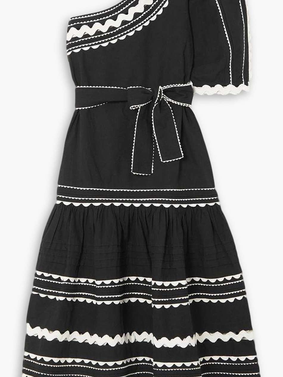 ryleigh one-shoulder ric rac-trimmed cotton midi dress