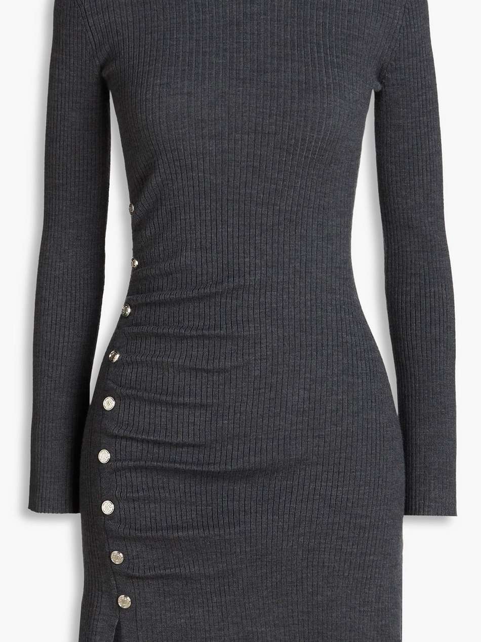 button-embellished ribbed-knit mini dress