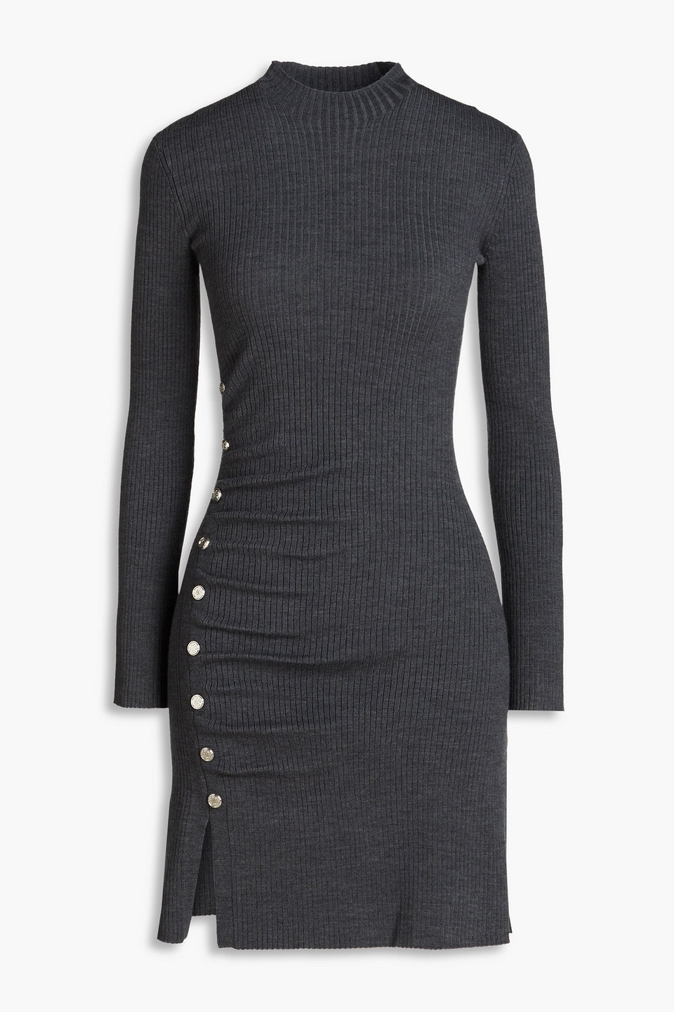 Maje Button-embellished Ribbed-knit Mini Dress In Dark Gray