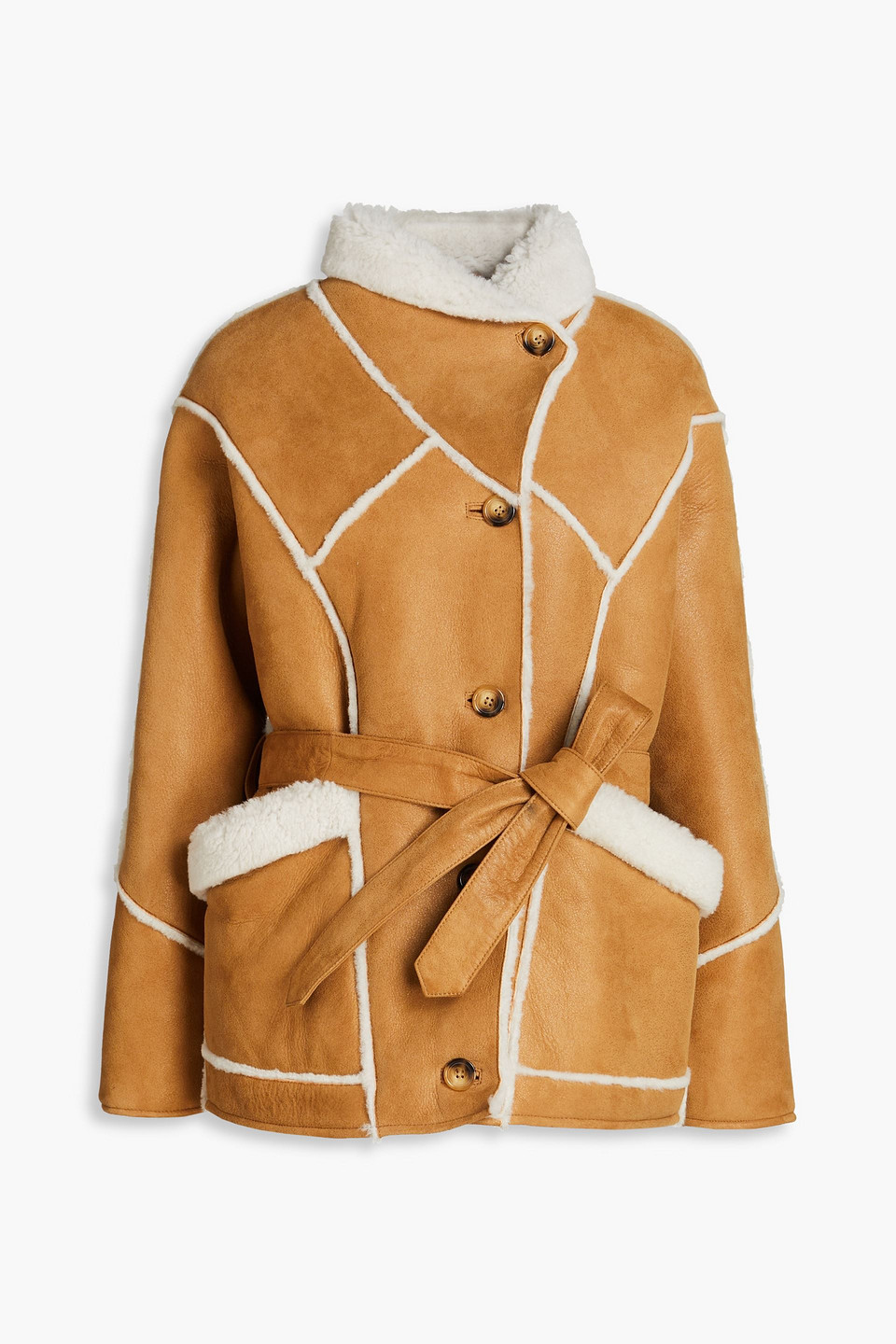 Maje Belted Shearling Coat In Brown