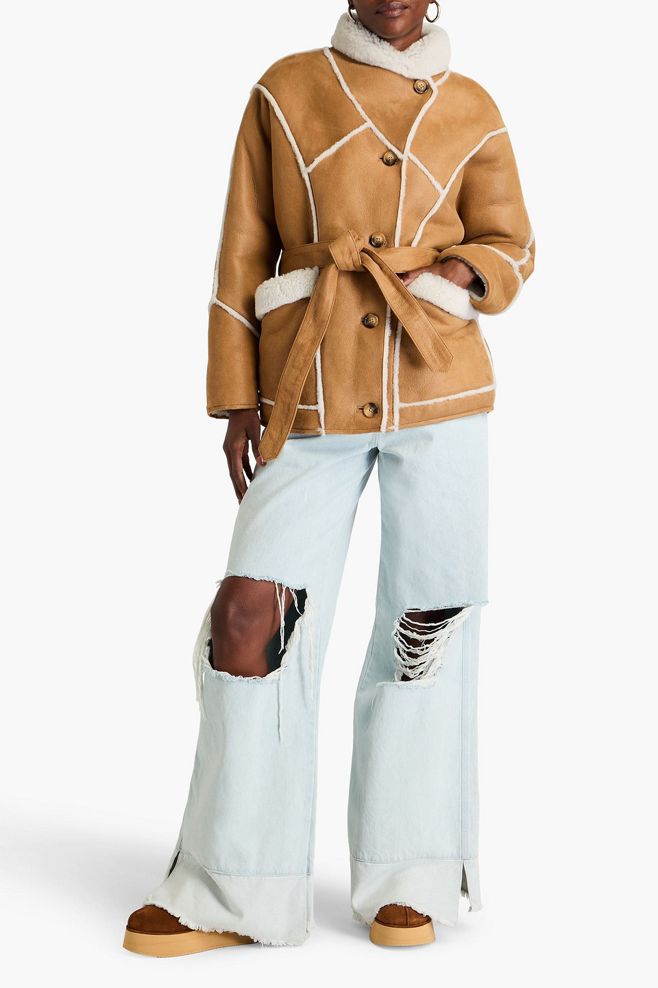  Maje - Belted Shearling Coat - Brown - Fr 38 