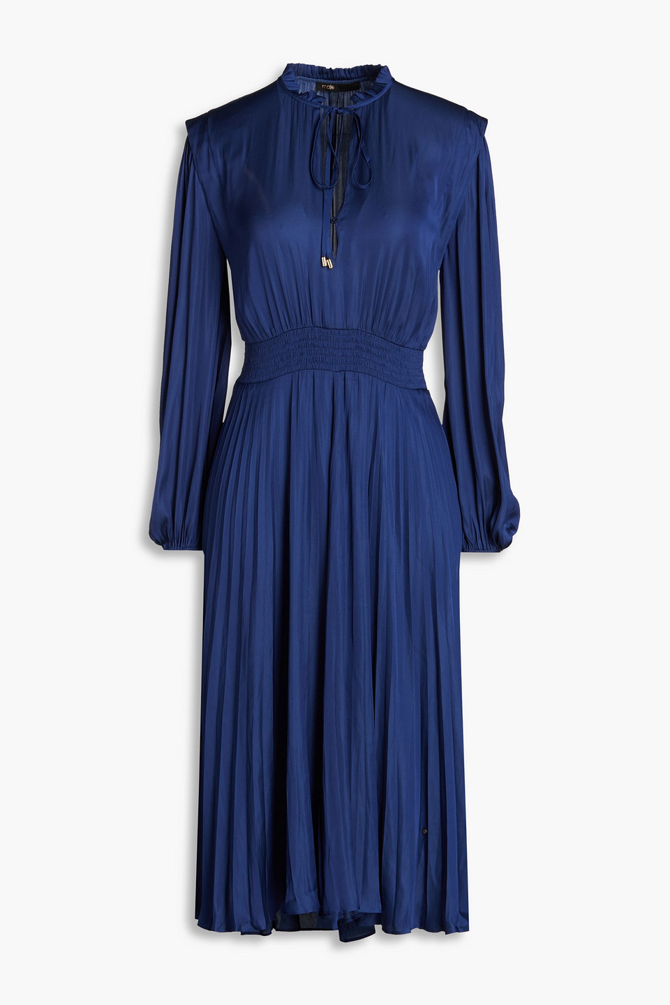 Maje Pleated Satin Midi Dress In Indigo