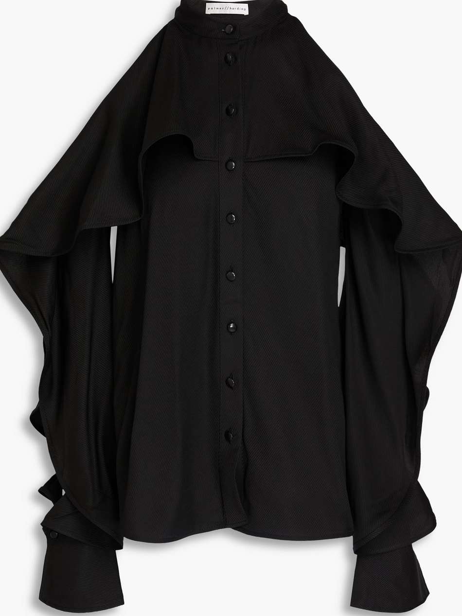 cold-shoulder ruffled twill top