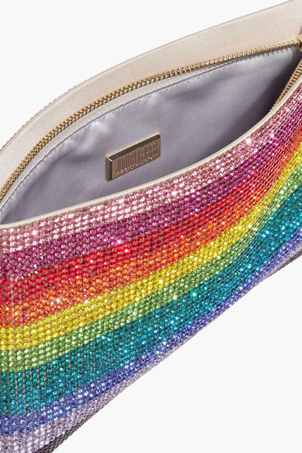 JUDITH LEIBER COUTURE حقيبة باوتش من الساتان مزينة بالكريستال