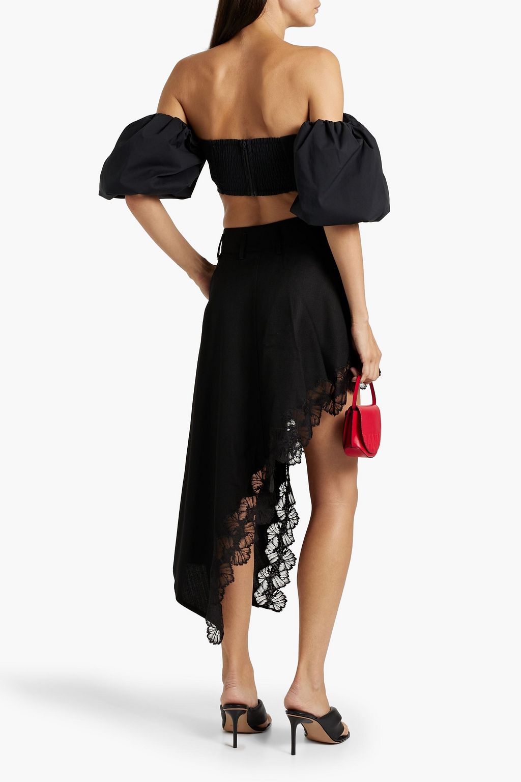 STELLA MCCARTNEY Asymmetric lace-trimmed grain de poudre midi skirt