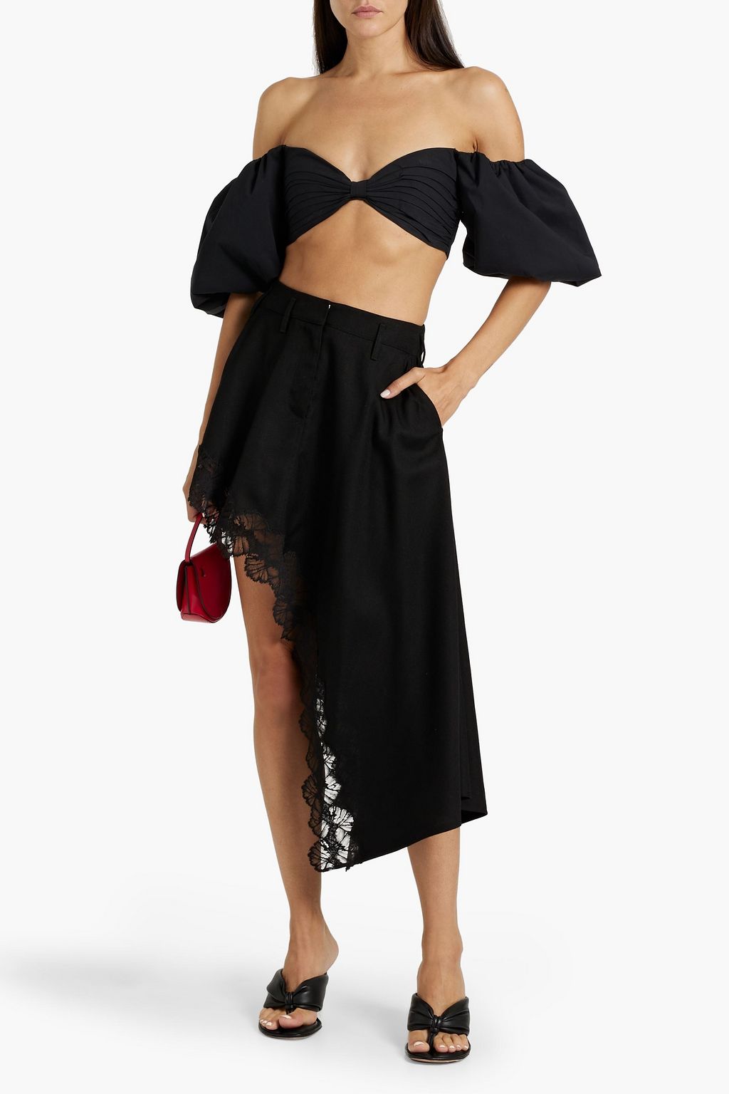 STELLA MCCARTNEY Asymmetric lace-trimmed grain de poudre midi skirt