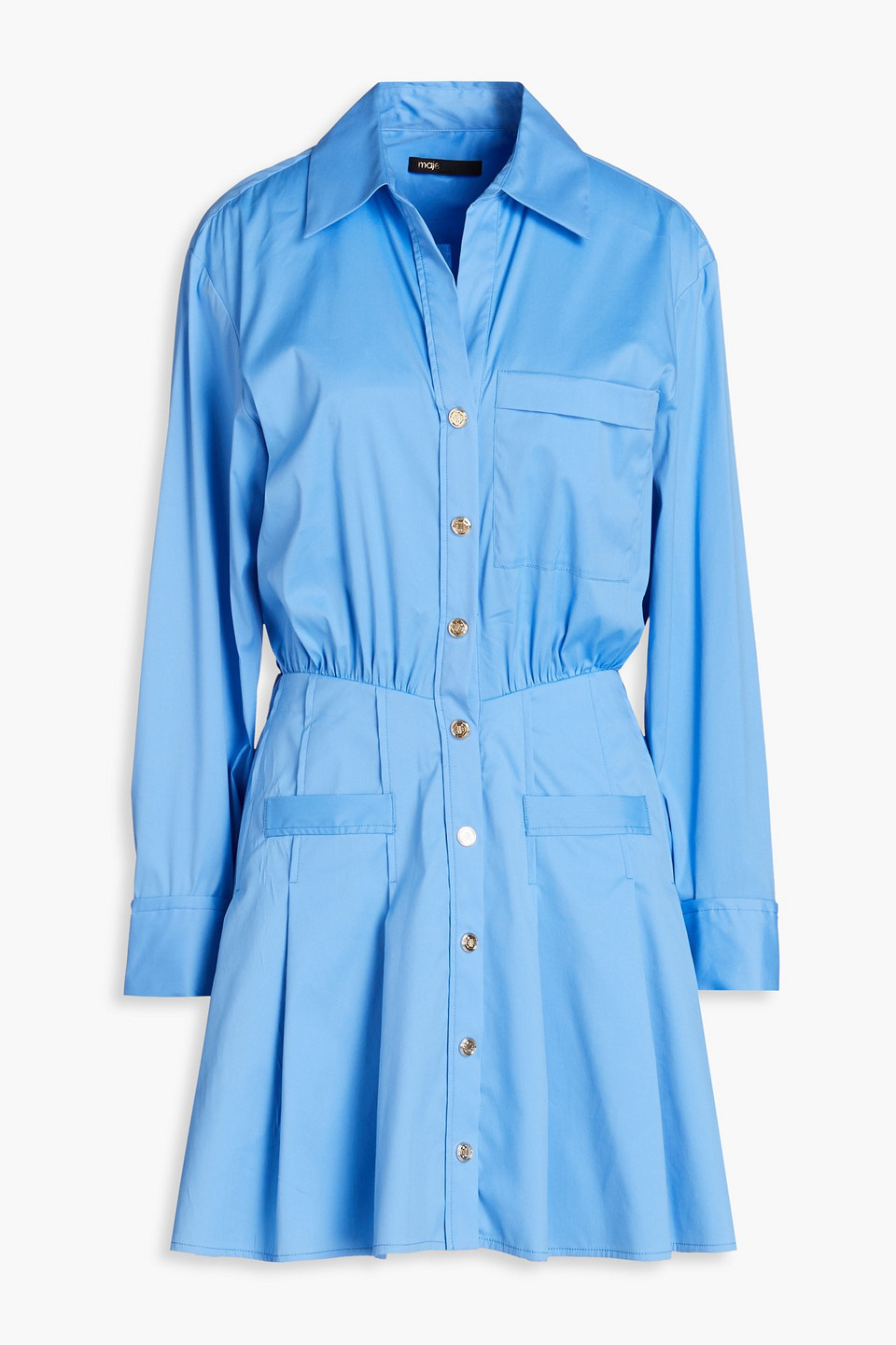 Maje Gathered Cotton-blend Mini Shirt Dress In Bleu