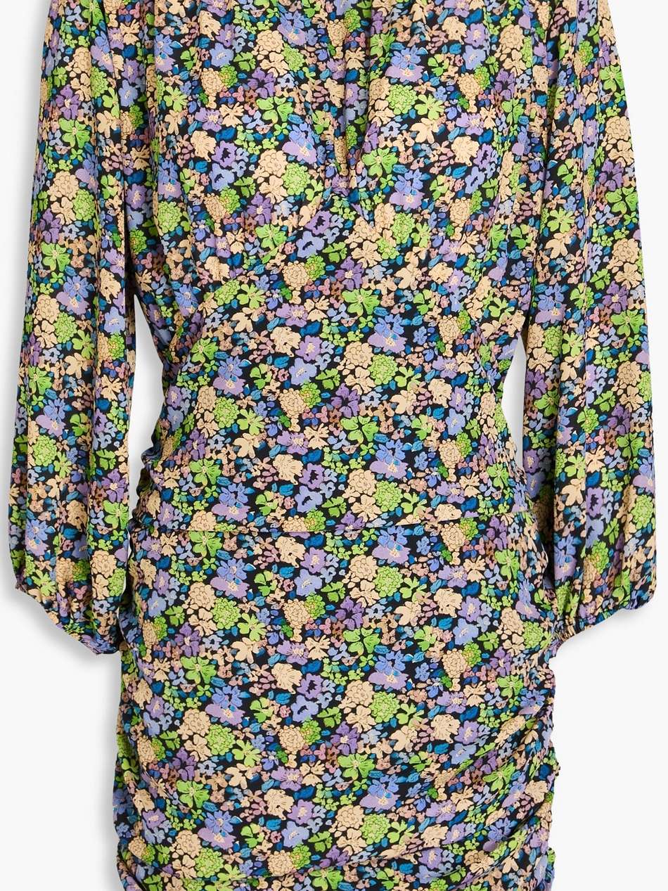 shirred floral-print crepe mini dress