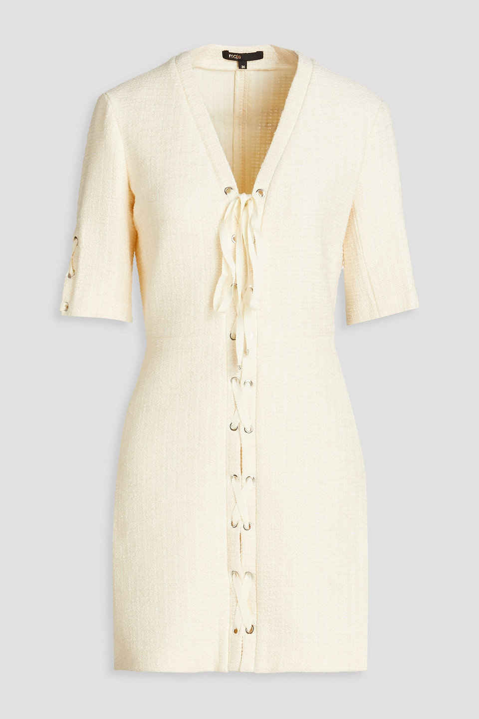 Maje Lace-up Cotton-blend Mini Dress In Naturfarben