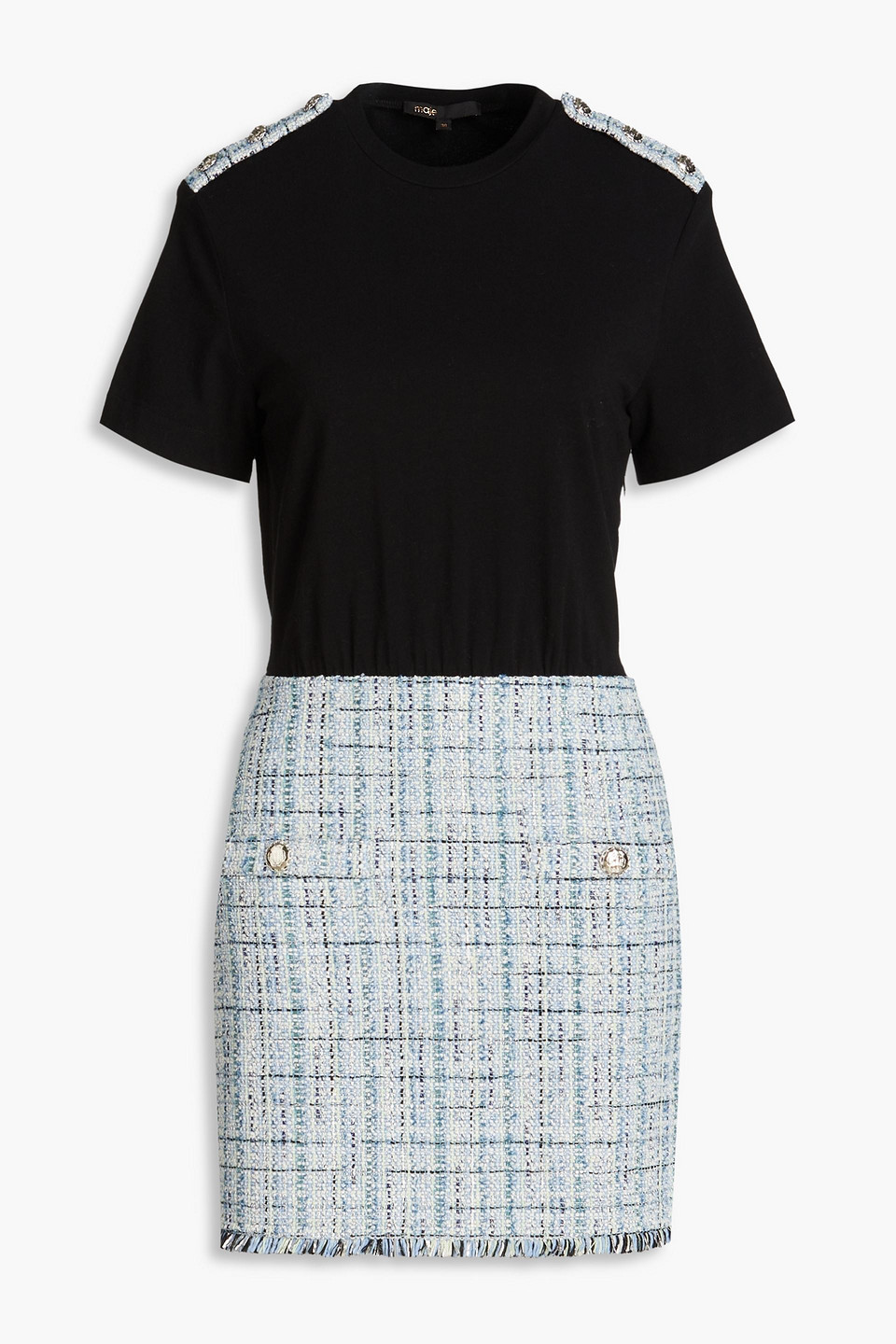 Maje Short-sleeves Tweed-panel Dress In Light Blue