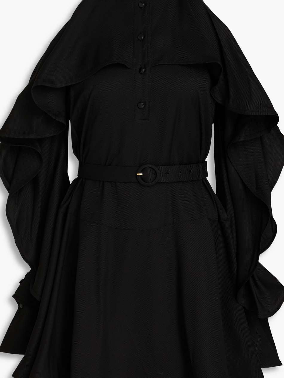 cold-shoulder ruffled satin-twill mini dress