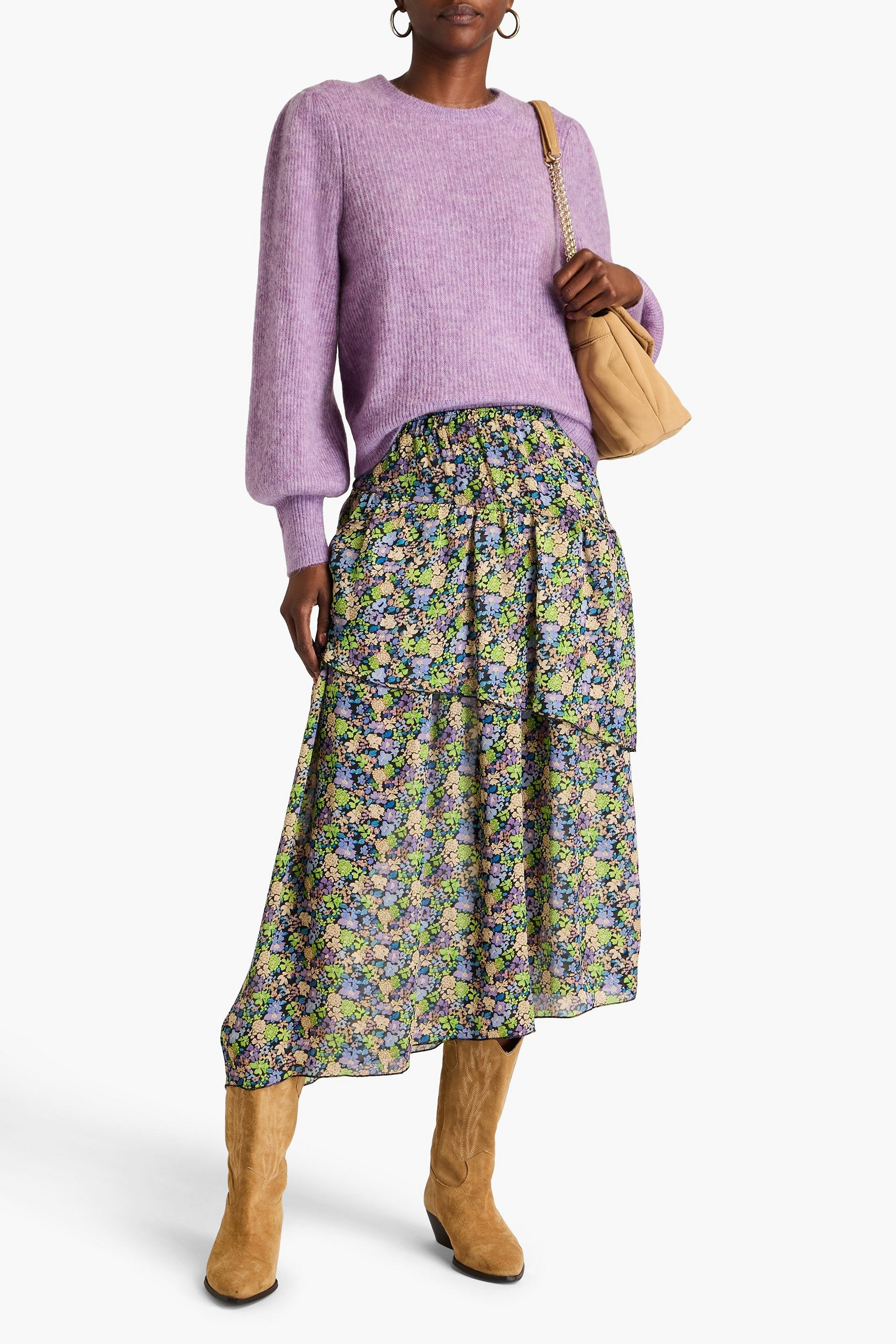MAJE Tiered floral-print crepe de chine midi skirt