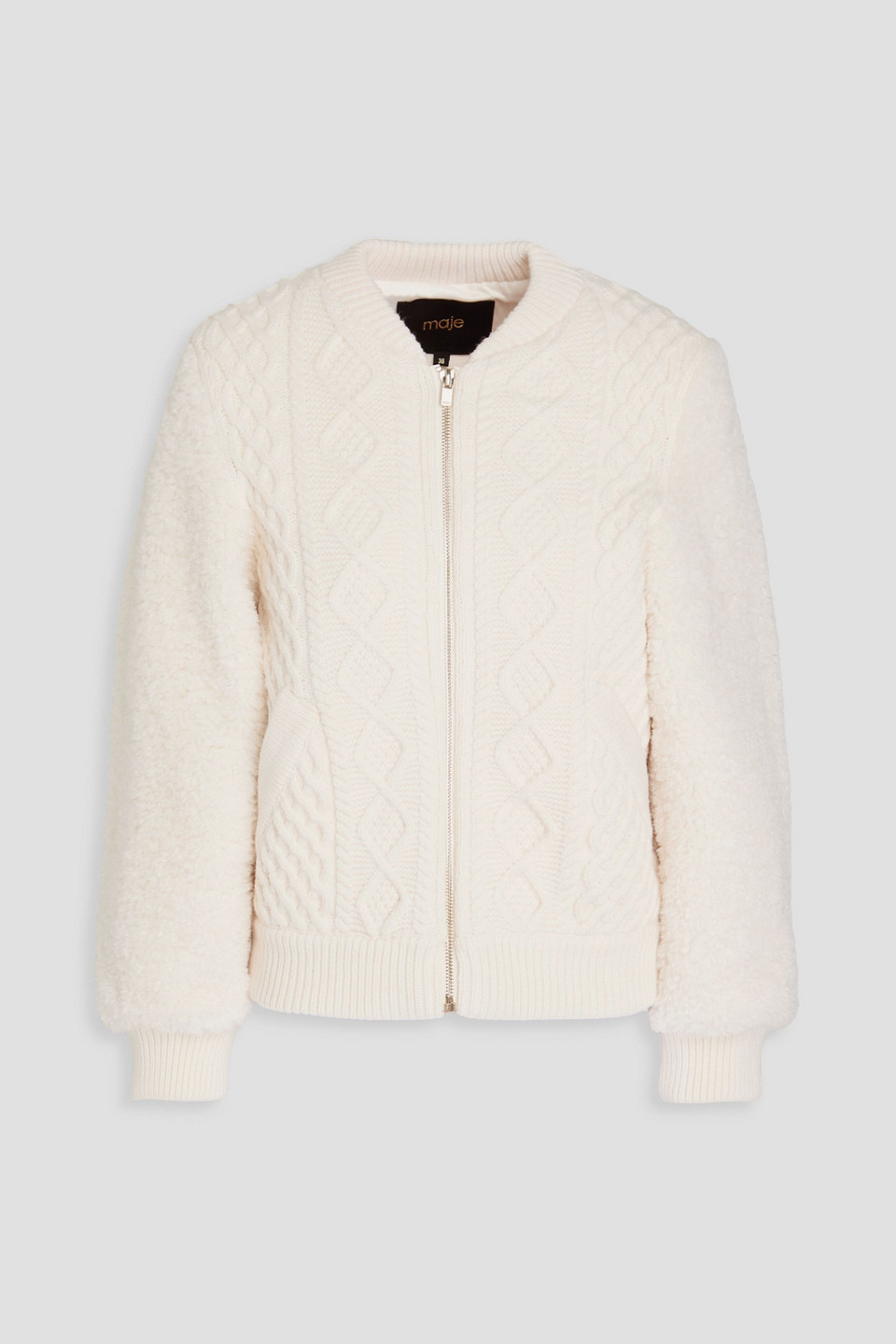 Maje Cable-knit Paneled Faux Shealing Bomber Jacket In Ecru