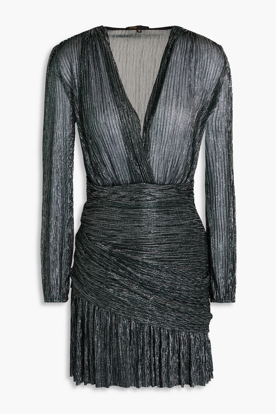 Maje Ruched Metallic Knitted Mini Dress In Black