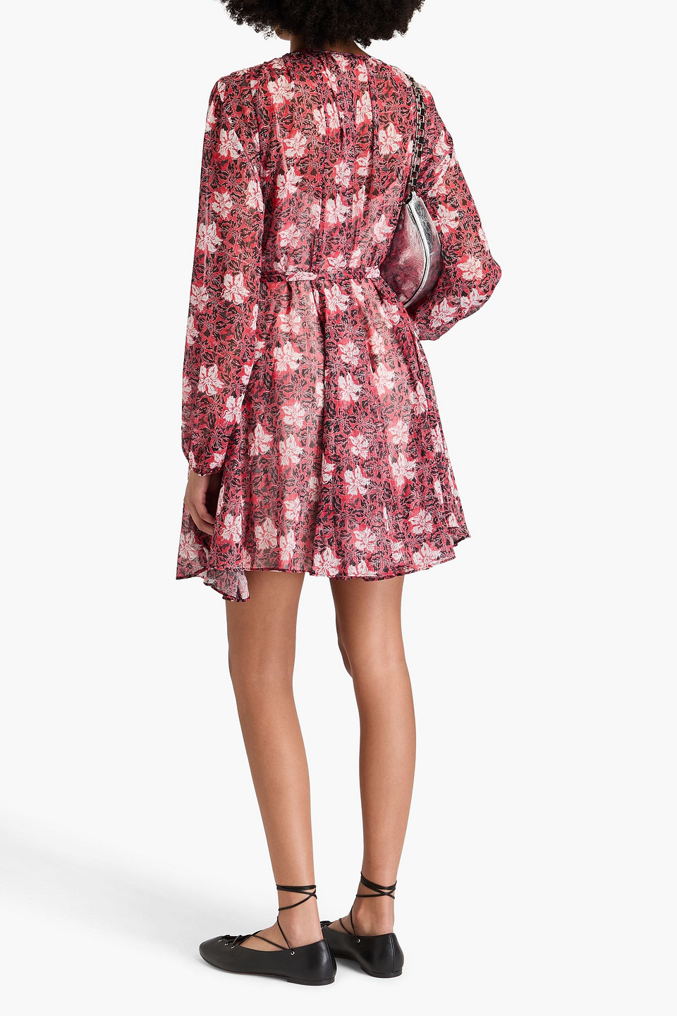 Shop Maje Pleated Metallic Floral-print Chiffon Mini Dress In Red