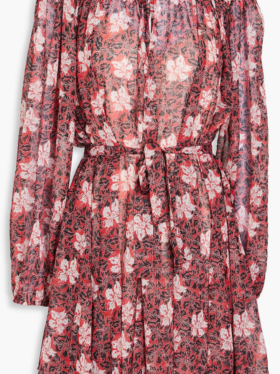 pleated metallic floral-print chiffon mini dress