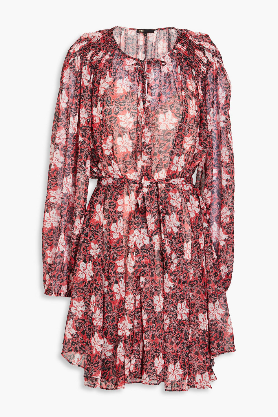 Maje Pleated Metallic Floral-print Chiffon Mini Dress In Red