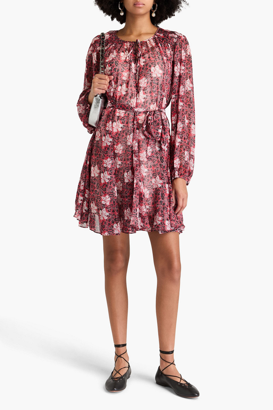 Shop Maje Pleated Metallic Floral-print Chiffon Mini Dress In Red