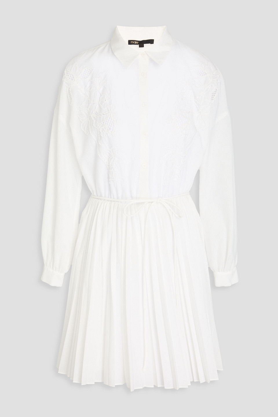 Maje Embroidered Pleated Mousseline Mini Dress In White