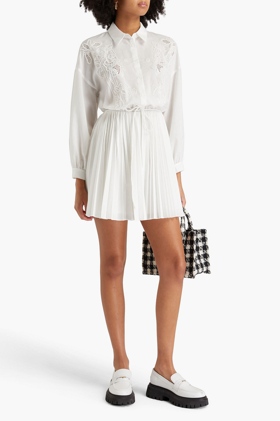 Maje Embroidered Pleated Mousseline Mini Dress In White