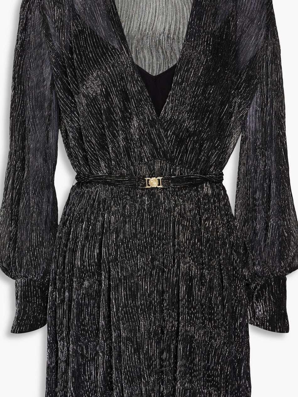 wrap-effect belted metallic knitted mini dress