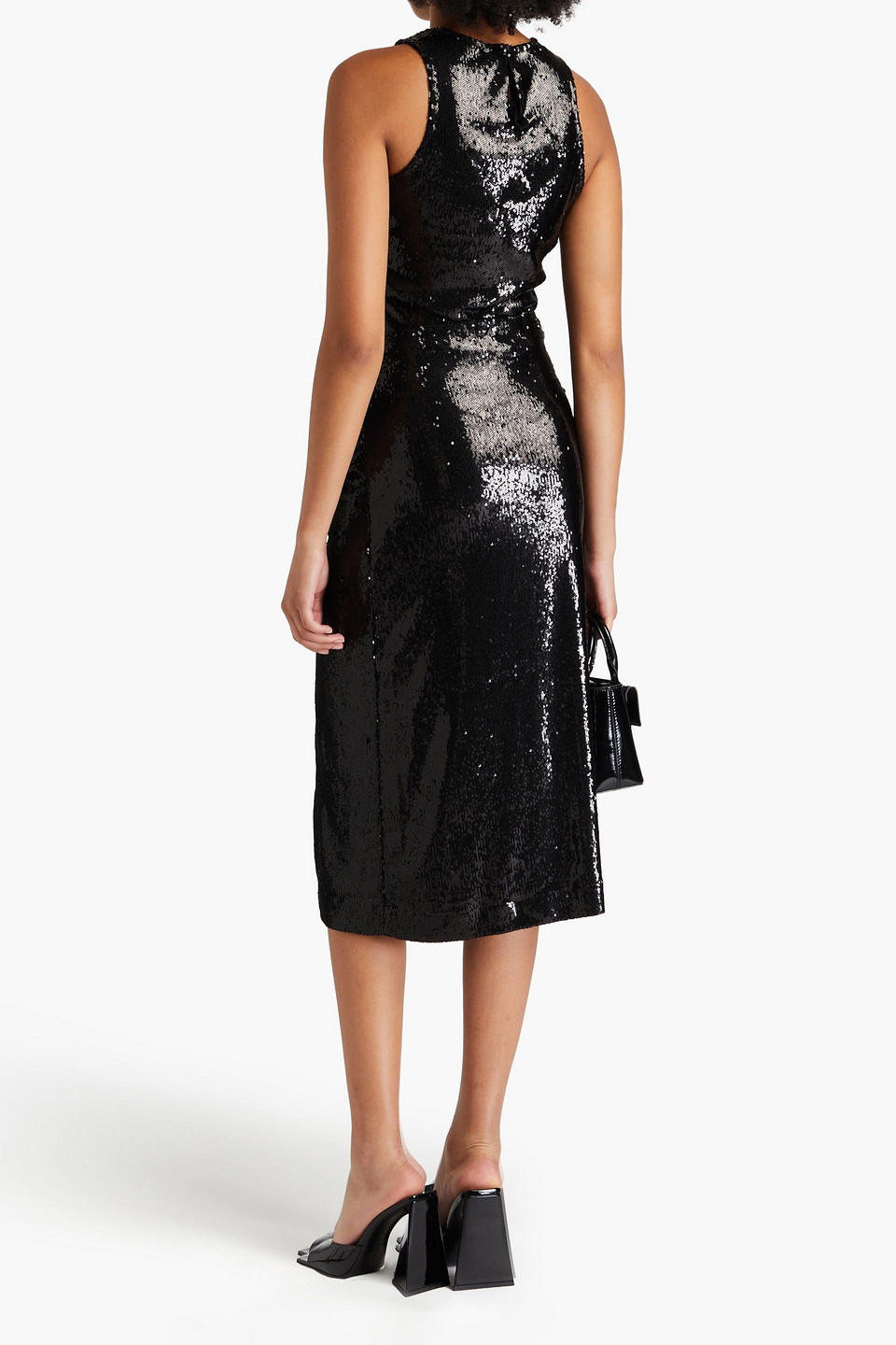 Maje Ruched Sequined Knitted Midi Skirt In Black
