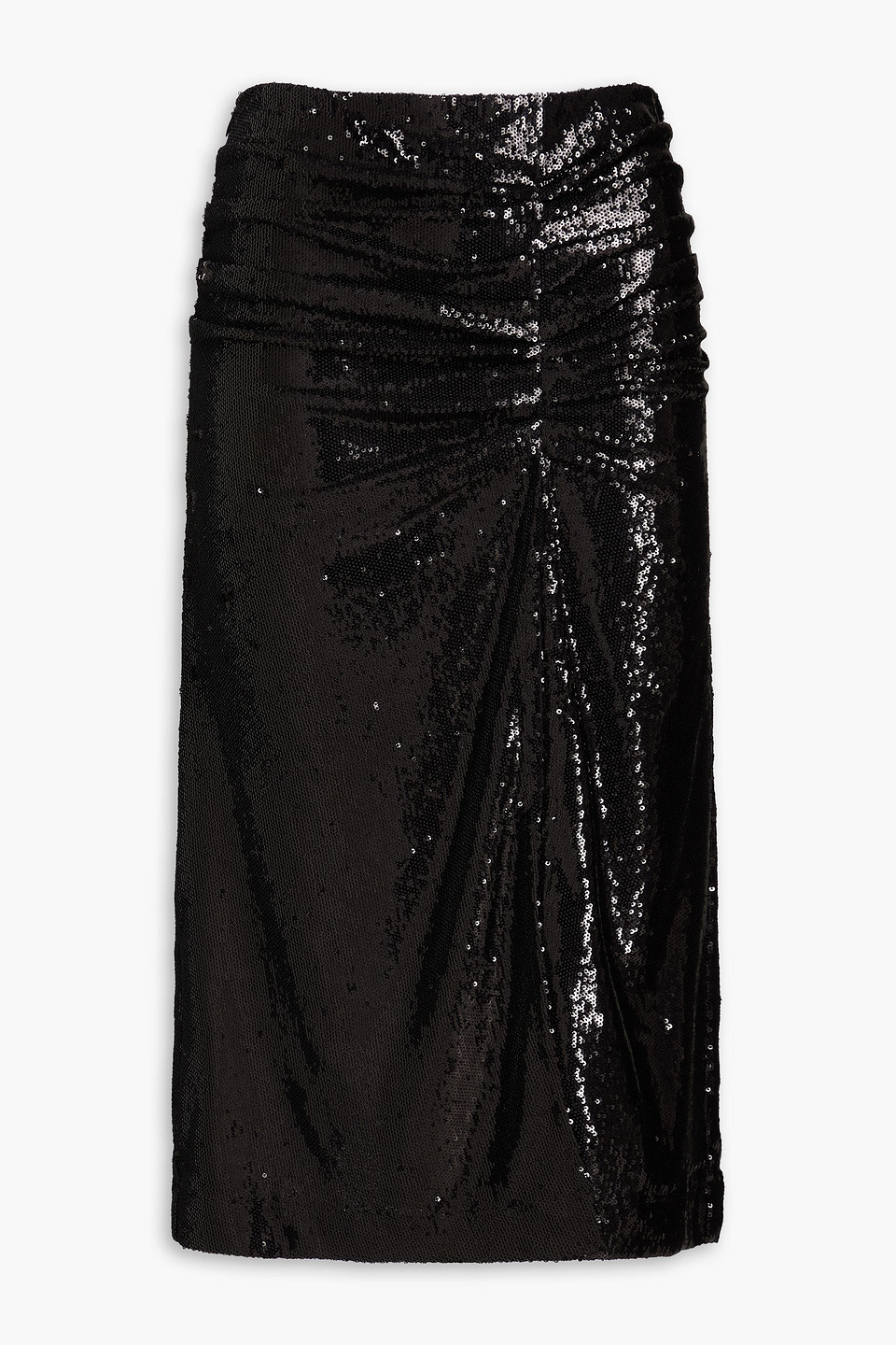 Maje Ruched Sequined Knitted Midi Skirt In Black