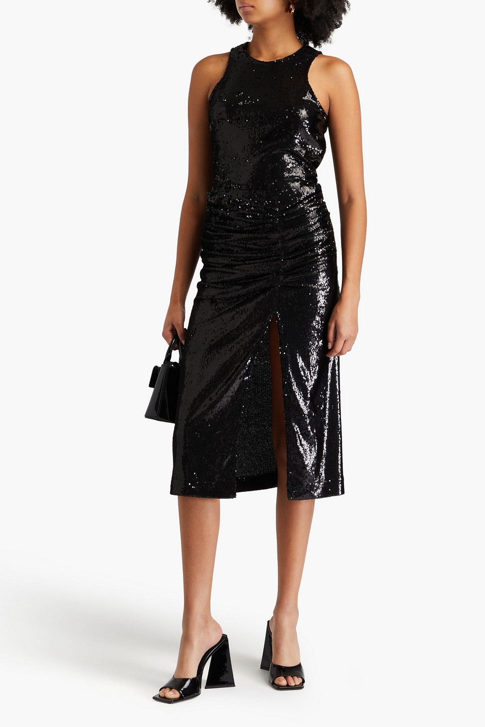 Maje Ruched Sequined Knitted Midi Skirt In Black