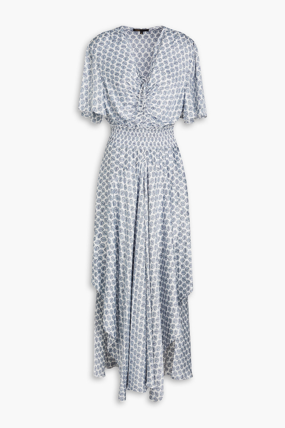 Asymmetric printed satin maxi dress