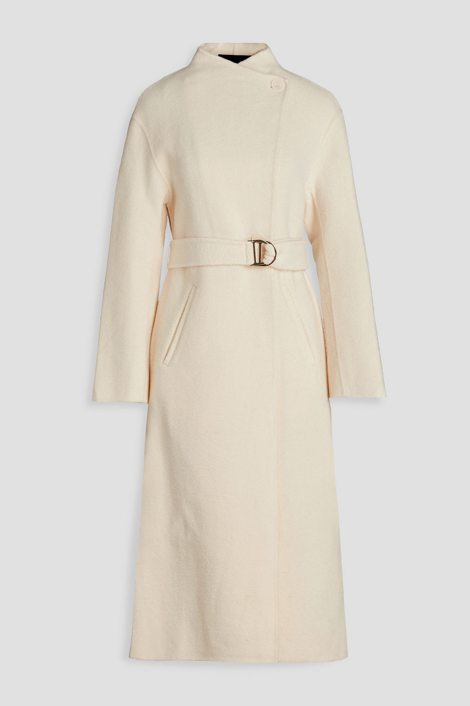 Maje Belted Brushed Wool-blend Coat In Ecru