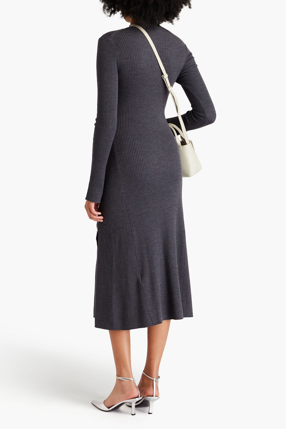 Maje Button-embellished Ribbed-knit Midi Dress In Anthracite