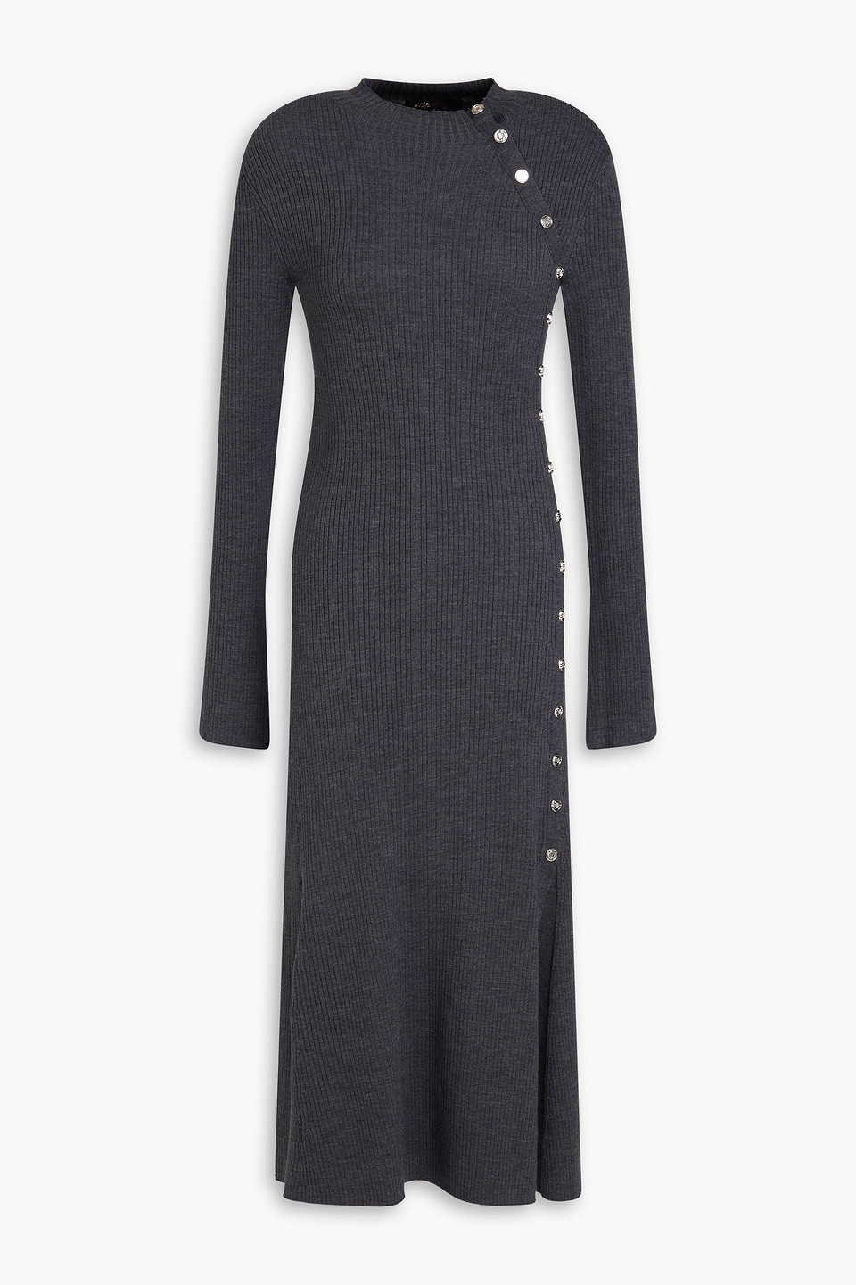 Maje Button-embellished Ribbed-knit Midi Dress In Anthracite