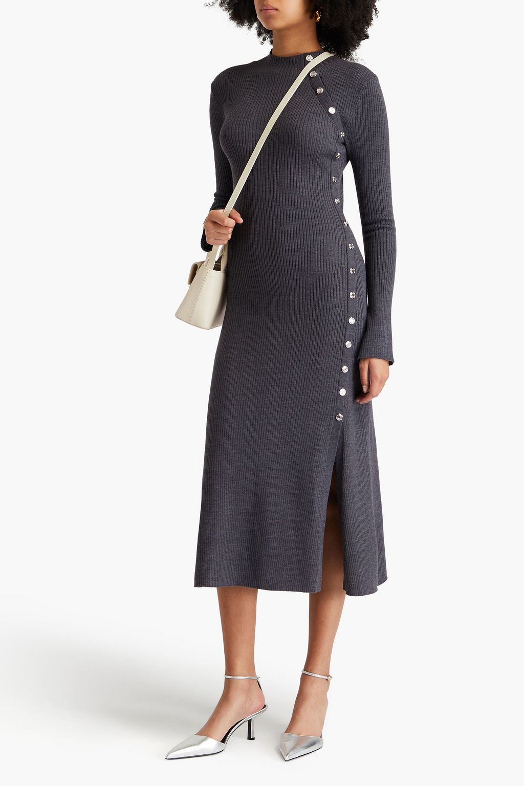 MAJE Button-embellished ribbed-knit midi dress