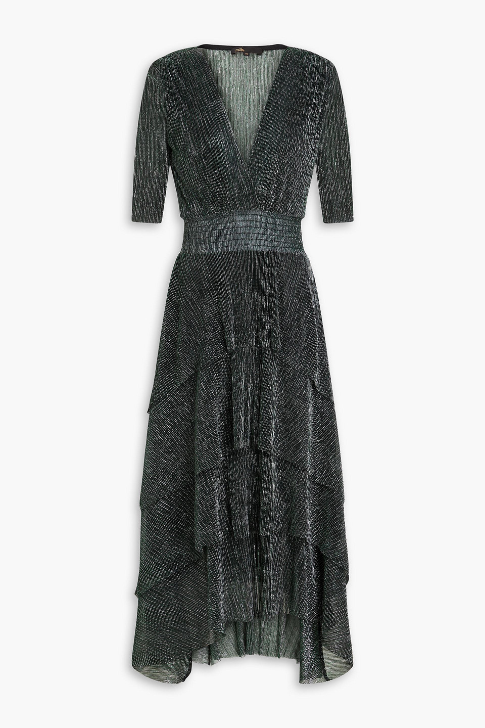 Maje Tiered Metallic Ribbed-knit Midi Dress In Dark Green
