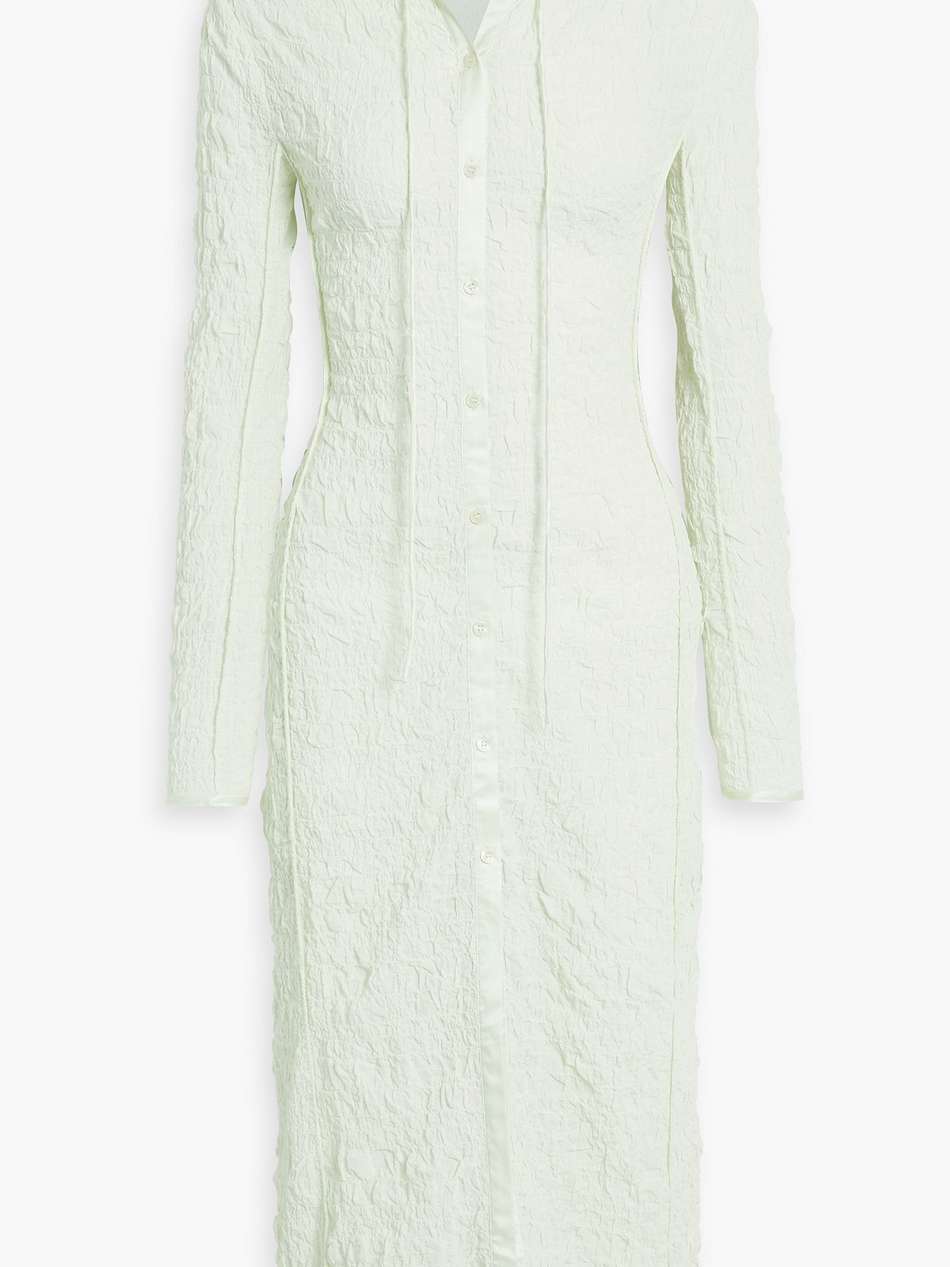 shirred cotton-blend cloqué midi shirt dress